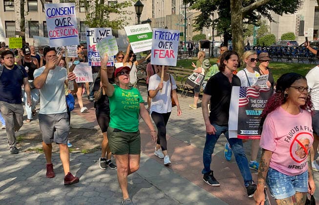 NEW YORK, NY- SEPTEMBER 13: View of the Great American Walkout No Mandates No Passports Rally at Foley Square in New York City on September 13, 2021. Copyright: xRainmakerxPhotox