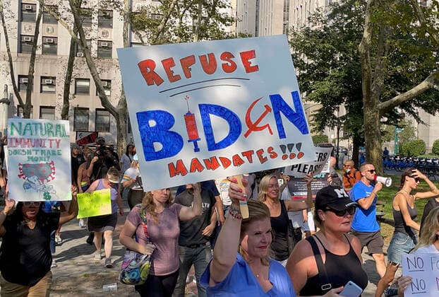NEW YORK, NY- SEPTEMBER 13: View of the Great American Walkout No Mandates No Passports Rally at Foley Square in New York City on September 13, 2021. Copyright: xRainmakerxPhotox