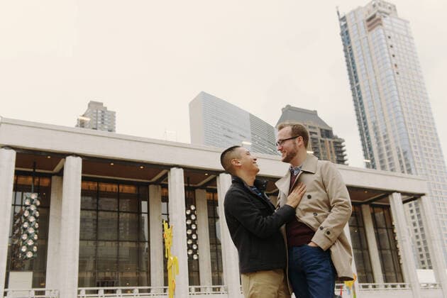 Gay couple chatting, Lincoln Center, Manhattan, New York, 27.11.2013, Copyright: xMattxDutilex, model released, wearing,talking,looking up,using,half length,reflection,city living,bonding,carefree,fun,quality time,togetherness,affection,happiness,love,30 to 34 years,25 to 29 years,asian ethnicity,caucasian ethnicity,male,man,mid adult man,young man,homosexual couple,two people,stubble,gay man,architecture,manhattan,skyscraper,outdoors,day,eyeglasses,jacket,jeans,face to face,hand in pocket,standing,leisure,travel,vacation,multi-ethnic couple,new york,relationship,enjoyment,December 2013 Release,lincoln center,buildings,Talking,Hands In Pockets,Standing,Looking Up,Asian Ethnicity,Caucasian Ethnicity,Homosexual,Gay Man,Mid Adult,30-34 Year Ref:IS09AE8AK