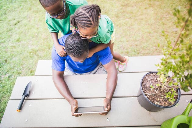 IMAGO Creative: Klimawandel - Umwelterziehung High angle view of father looking at digital tablet with daughter and son at eco camp, 01.09.2014, Copyright: xChadxSpringerx, model released, wearing,learning,holding,camping,looking down,copy space,high angle view,waist up,childhood,connections,responsibility,bonding,convenience,harmony,innocence,nurturing,sharing,togetherness,unity,well being,affection,friendship,happiness,nature,25 to 29 years,child,african american ethnicity,female,girl,male,boy,man,young man,three people,outdoors,rural,summer,day,casual clothing,eyeglasses,t-shirt,communication,education,environmental issue,environmental conservation,arm around,daughter,son,father,single parent,sibling,brother,sister,technology,digital tablet,lifestyle,leisure,5 to 6 years,family l Ref:IS09AK90F