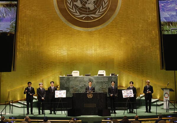 Members of South Korean boy band BTS take turns speaking at the SDG Moment event as part of the UN General Assembly 76th session General Debate in UN General Assembly Hall at the United Nations Headquarters on Monday, September 20, 2021 in New York City.  NYP20210920111 JOHNxANGELILLO