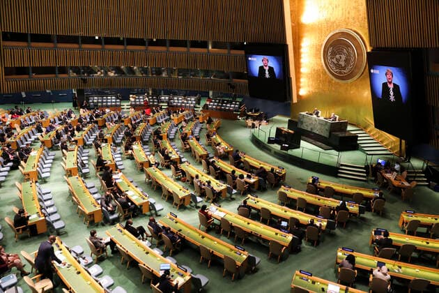 (210923) -- UNITED NATIONS, Sept. 23, 2021 -- Michelle Bachelet Jeria, United Nations High Commissioner for Human Rights, addresses a high-level meeting to mark the 20th anniversary of the adoption of the Durban Declaration and Programme of Action via video at UN headquarters in New York, Sept. 22, 2021. The UN General Assembly on Wednesday held a high-level meeting to mark the 20th anniversary of the adoption of the Durban Declaration and Programme of Action and adopted a political declaration to carry forward the fight against racism and racial discrimination. ) UN-HIGH-LEVEL MEETING-ADOPTION OF THE DURBAN DECLARATION AND PROGRAMME OF ACTION-20TH ANNIVERSARY WangxYing 