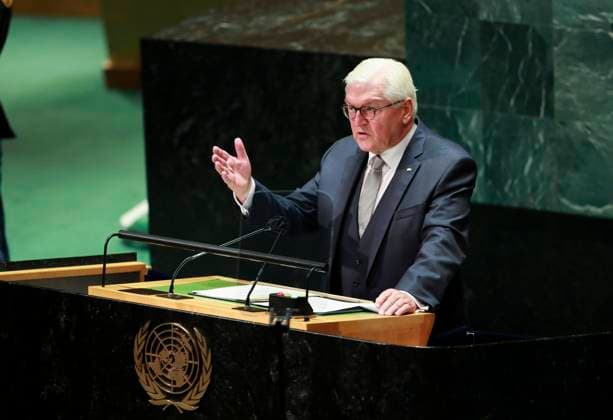(210925) -- UNITED NATIONS, Sept. 25, 2021 -- German President Frank-Walter Steinmeier addresses the general debate of the 76th session of the United Nations General Assembly at the UN headquarters in New York, Sept. 24, 2021. The general debate of the 76th session of the United Nations General Assembly entered its fourth day on Friday. ) UN-GENERAL ASSEMBLY-GENERAL DEBATE WangxYing 