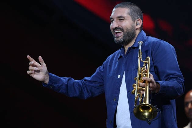 Ibrahim Maalouf performs during the Global Citizen Live concert in Paris on Saturday, September 25, 2021. The concert, held at the base of the Eiffel Tower, is one of several taking place in cities around the world including New York, Los Angeles, London, Sydney, Lagos, Rio, Mumbai and Seoul. The event aims to raise awareness for issues related to the climate and ending poverty. PARI20210925016 DAVIDxSILPA