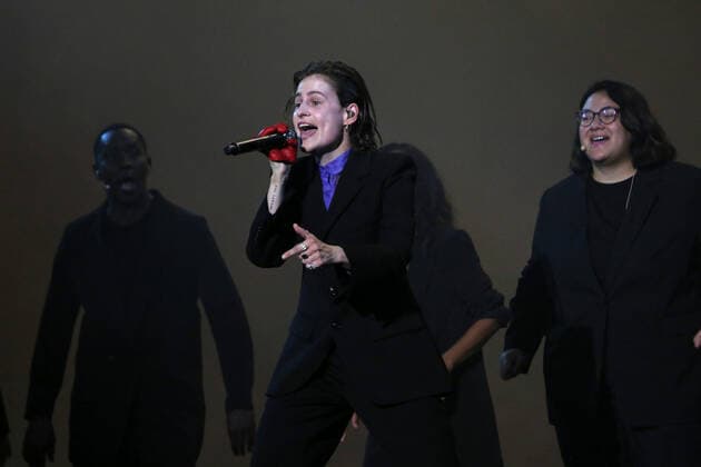Christine and the Queens perform during the Global Citizen Live concert in Paris on Saturday, September 25, 2021. The concert, held at the base of the Eiffel Tower, is one of several taking place in cities around the world including New York, Los Angeles, London, Sydney, Lagos, Rio, Mumbai and Seoul. The event aims to raise awareness for issues related to the climate and ending poverty. PARI20210925049 DAVIDxSILPA