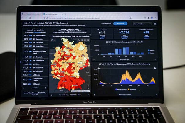 Coronavirus in Deutschland - Covid-19-Dashboard des Robert Koch-Institut 26.09.2021: Robert Koch-Institut: 7-Tage-Inzidenz 61,4. 7-Tage-Fallzahl 51.077. COVID-19-Fälle 4.196.378. Zugang um 7.774 gegenüber dem Vortag. COVID-19-Todesfälle 93.393. Zugang um 28 gegenüber dem Vortag.