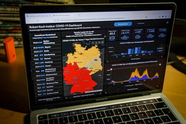 Coronavirus in Deutschland - Covid-19-Dashboard des Robert Koch-Institut 28.09.2021: Robert Koch-Institut: 7-Tage-Inzidenz 60,3. 7-Tage-Fallzahl 50.123. COVID-19-Fälle 4.203.571. Zugang um 4.171 gegenüber dem Vortag. COVID-19-Todesfälle 93.504. Zugang um 101 gegenüber dem Vortag.