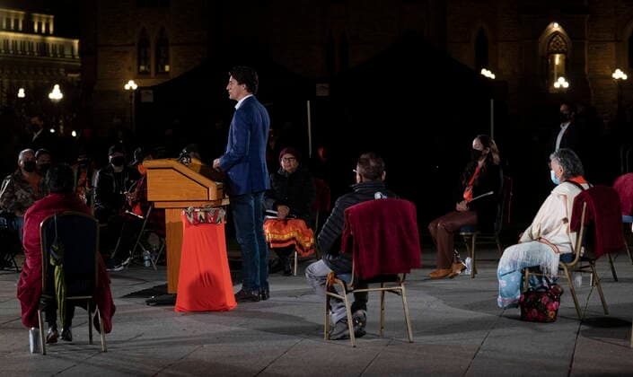 September 29, 2021, Ottawa, on, Canada: Canadian Prime Minister Justin Trudeau delivers his remarks during a ceremony on Parliament Hill on the eve of the first National Day of Truth and Reconciliation, Wednesday, September 29, 2021 in Ottawa. Ottawa Canada  - ZUMAc35_ 20210929_zaf_c35_113 Copyright: xAdrianxWyldx