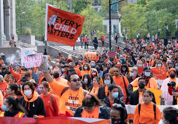 September 30, 2021, Montreal, PQ, Canada: People take part in a march to mark the first National Day for Truth and Reconciliation Thursday, September 30, 2021 in Montreal. Montreal Canada  - ZUMAc35_ 20210930_zaf_c35_086 Copyright: xRyanxRemiorzx