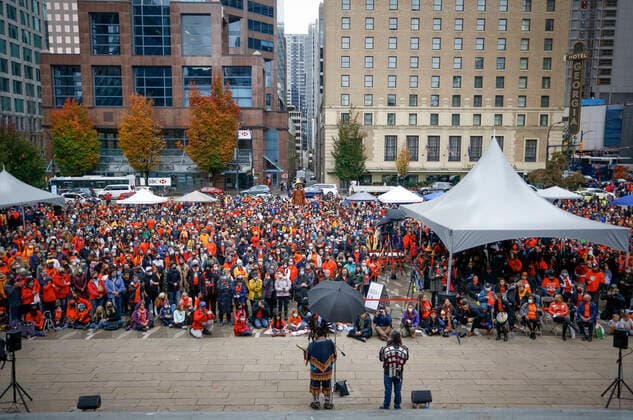 (210930) -- VANCOUVER, Sept. 30, 2021 -- People take part in a commemoration event during the first National Day for Truth and Reconciliation in Vancouver, British Columbia, Canada, on Sept. 30, 2021. Canada marked its first National Day for Truth and Reconciliation on Thursday to honor lost children and survivors of the notorious indigenous residential school system in the country. (Photo by Xinhua) CANADA-VANCOUVER-NATIONAL DAY FOR TRUTH AND RECONCILIATION LiangxSen 