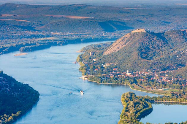 bend of Danube River, view to Visegrad, cruise ship Visegrad (Plintenburg) Pest Hungary Danube-Ipoly National Park