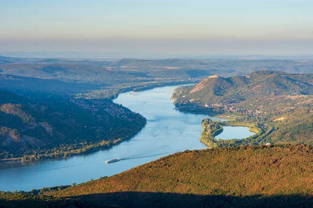 bend of Danube River, view to Visegrad, cruise ship Visegrad (Plintenburg) Pest Hungary Danube-Ipoly National Park
