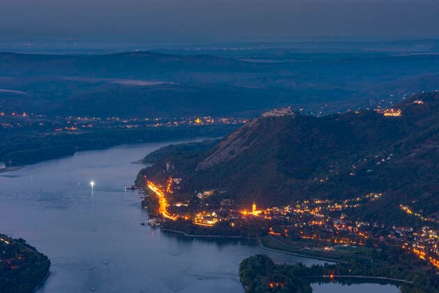 bend of Danube River, view to Visegrad, view from summit Predikaloszek (Predigerstuhl, Preaching chair) Visegrad Mountains Pest Hungary Danube-Ipoly National Park