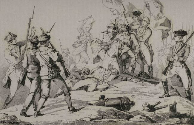 American Revolutionary War (1775-1783). Invasion of Canada, 1775. Patriot army, led by Colonel Benedict Arnold (1741-1801) and General Richard Montgomery (1738-1775), attempted to gain military control of the British province of Quebec. Death of General Richard Montgomery during the Battle of Quebec (December 31, 1775), in which the American revolutionaries were defeated. Engraving by Vernier. Panorama Universal. History of the United States of America, from 1st edition of Jean B.G. Roux de Rochelle s Etats-Unis d AmÃ rique in 1837. Spanish edition, printed in Barcelona, 1850. 953_05_353-38110