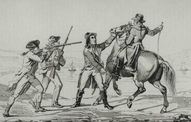 American Revolution (1775-1783). John AndrÃ (1750-1780). British military officer who negotiated with the American general Benedict Arnold. Arrest of Major Andre at Tarrytown in 1780, by John Paulding, David William and Isaac van Wart, while returning to New York after the surrender at West Point Fort. After being found with suspicious documents, he was accused of spying and sentenced to hang. Engraving by Vernier. Panorama Universal. History of the United States of America, from 1st edition of Jean B.G. Roux de Rochelle s Etats-Unis d AmÃ rique in 1837. Spanish edition, printed in Barcelona, 1850. 953_05_353-38113