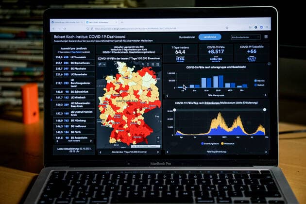 Coronavirus in Deutschland - Covid-19-Dashboard des Robert Koch-Institut 02.10.2021: Robert Koch-Institut: 7-Tage-Inzidenz 64,4. 7-Tage-Fallzahl 53.586. COVID-19-Fälle 4.246.136. Zugang um 8.517 gegenüber dem Vortag. COVID-19-Todesfälle 93.777. Zugang um 66 gegenüber dem Vortag.