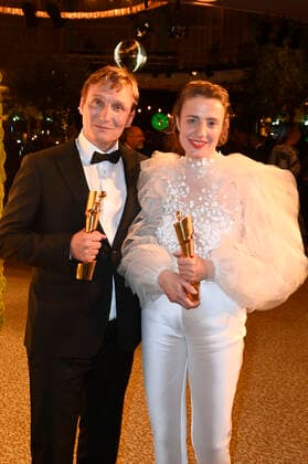 Oliver Masucci und Maren Eggert bei der Aftershow Party nach der 71. Verleihung des Deutschen Filmpreises 2021 im Palais am Funkturm in der Messe Berlin. Berlin, 01.10.2021
