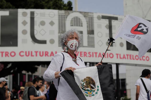 53rd Anniversary Of The Massacre Of Tlatelolco, Mexico A supporter of the ComitÃ 68 and members of other organisations marched from the Plaza de las Tres Culturas in Tlatelolco to the Zocalo in Mexico City, on the occasion of the 53rd anniversary of the Tlatelolco Massacre that took place on 2 October 1968 in that square. Mexico City Mexico vieyra-notitle211002_npHCy  Copyright: xGerardoxVieyrax