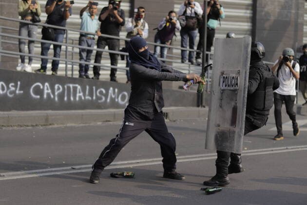 53rd Anniversary Of The Massacre Of Tlatelolco, Mexico Members of the Black Bloc clash with police on Eje Central in Mexico City as they march towards the Zocalo ofe the capital to mark the 53rd anniversary of the Tlatelolco Massacre that took place on 2 October 1968 in the square. Mexico City Mexico vieyra-notitle211002_npAeQ  Copyright: xGerardoxVieyrax