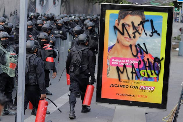 53rd Anniversary Of The Massacre Of Tlatelolco, Mexico Police officers carry fire extinguishers on Eje Central in Mexico City, as various organisations march to the capital s Zocalo to mark the 53rd anniversary of the Tlatelolco Massacre that took place on 2 October 1968 in the square. Mexico City Mexico vieyra-notitle211002_npqZV  Copyright: xGerardoxVieyrax