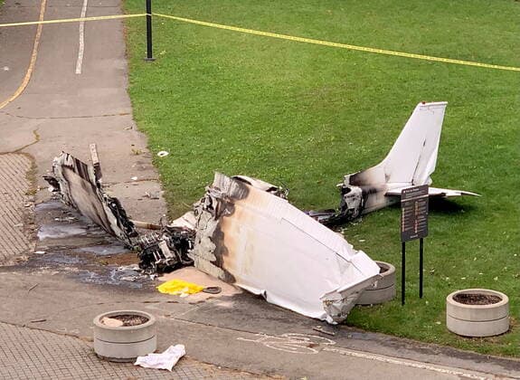 October 3, 2021, Montreal, PQ, Canada: The burned-out remains of a small aircraft are seen at a crash site on Ile-Ste-Helene, a small island in Montreal, Sunday, Oct. 3, 2021. One person was pronounced dead and another hospitalized following the crash, which happened Saturday night. Montreal Canada  - ZUMAc35_ 20211003_zaf_c35_001 Copyright: xGrahamxHughesx