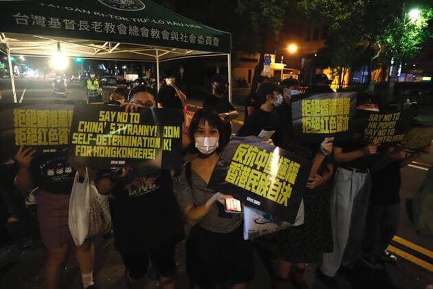 October 1, 2021, TAIPEI, Taipei, Taiwan: Protesters holding signs reading Ã¢â‚¬ËœAnti China totalitarianism, self determination for Hong KongÃ¢â‚¬â ¢, during a congregation organised by human rights and activist groups against China and global totalitarianism. There has been Chinese crackdowns on democracy and freedoms of the Tibet, uyghurs, and citizens of Hong Kong, while Taiwan has been facing intensifying political threats from China including PLA warplanes sent by Beijing which cruised around the self-ruled island. TAIPEI Taiwan - ZUMAs313 20211001_zip_s313_015 Copyright: xDanielxCengxShou-Yix