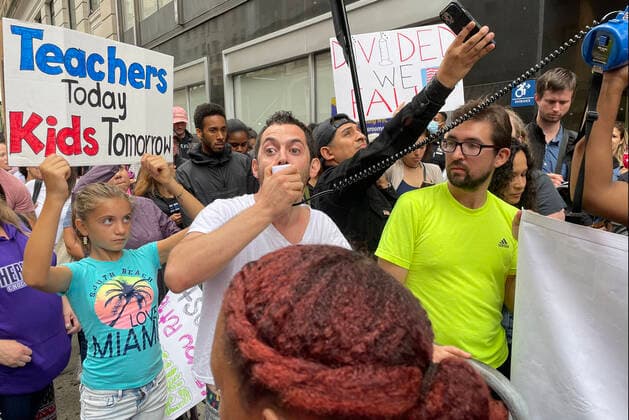 NEW YORK, NY - OCTOBER 4: view of the Teachers March Against Vaccine Mandate at the office of the NYC Department of Education in New York City on October 4, 2021. Copyright: xRainmakerxPhotox