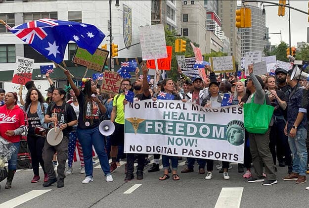 NEW YORK, NY - OCTOBER 4: View of the Teachers March Against Vaccine Mandate at the office of the NYC Department of Education in New York City on October 4, 2021. Copyright: xRainmakerxPhotox
