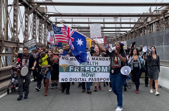 NEW YORK, NY - OCTOBER 4: view of the Teachers March Against Vaccine Mandate at the Brooklyn Bridge in New York City on October 4, 2021. Copyright: xRainmakerxPhotox