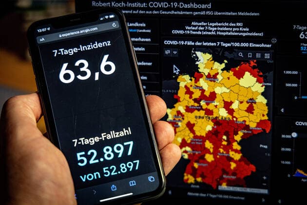Coronavirus in Deutschland - Covid-19-Dashboard des Robert Koch-Institut 05.10.2021: Robert Koch-Institut: 7-Tage-Inzidenz 63,6. 7-Tage-Fallzahl 52.897. COVID-19-Fälle 4.260.187. Zugang um 4.799 gegenüber dem Vortag. COVID-19-Todesfälle 93.883. Zugang um 90 gegenüber dem Vortag.