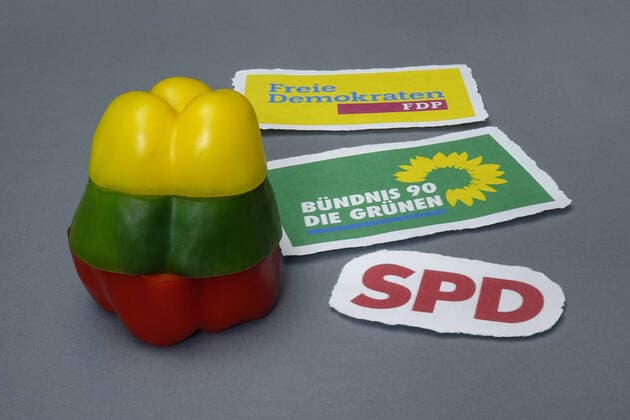 Parteilogos und Paprikas in Ampelfarben Parteilogos und Paprikas in Ampelfarben, 05.10.2021, Borkwalde, Brandenburg, Auf einem grauen Untergrund liegen Parteilogos und stehen Paprikascheiben in den Farben einer Ampel-Koalition..