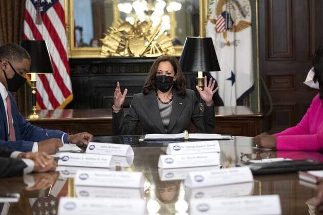 U.S. Vice President Kamala Harris speaks during a meeting in the Vice President s Ceremonial Office in Washington, D.C., U.S., on Wednesday, Oct. 6, 2021. Harris is meeting with the Council of Presidents of the National Pan-Hellenic Council, also known as the Divine Nine.  WASP20211005152RR TomxBrenner