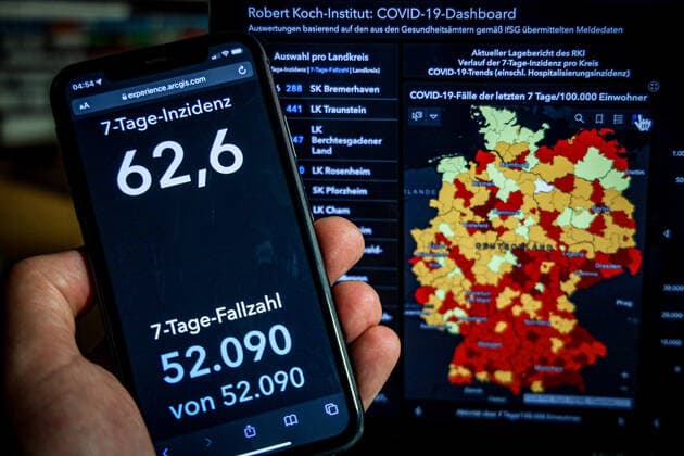 Coronavirus in Deutschland - Covid-19-Dashboard des Robert Koch-Institut 07.10.2021: Robert Koch-Institut: 7-Tage-Inzidenz 62,6. 7-Tage-Fallzahl 52.090. COVID-19-Fälle 4.283.378. Zugang um 11.644 gegenüber dem Vortag. COVID-19-Todesfälle 94.027. Zugang um 68 gegenüber dem Vortag.