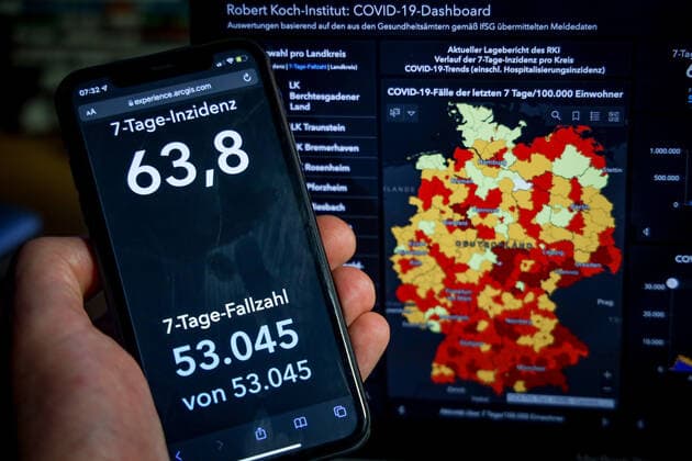 Coronavirus in Deutschland - Covid-19-Dashboard des Robert Koch-Institut 08.10.2021: Robert Koch-Institut: 7-Tage-Inzidenz 63,8. 7-Tage-Fallzahl 53.045. COVID-19-Fälle 4.293.807. Zugang um 10.429 gegenüber dem Vortag. COVID-19-Todesfälle 94.113. Zugang um 86 gegenüber dem Vortag.
