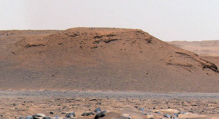 THIS IMAGE SHOWS: The escarpment the science team refers to as Scarp a is seen in this image captured by Perseverance rover?s Mastcam-Z instrument on Apr. 17, 2021. Images taken by NASA?s Perseverance Mars Rover have provided scientists with their strongest indication yet that they might find signs the red planet once harboured life. A new paper, from the rover s science team published in the journal Science on Thursday (07Oct2021) details how the hydrological cycle of the now-dry lake at Jezero Crater is more complicated and intriguing than originally thought. The findings are based on detailed imaging the rover provided of long, steep slopes called escarpments, or scarps in the crater?s delta, which formed from sediment ac Copyright: xx 50744268 EDITORIAL USE ONLY. NOT FOR USE BY NEWSPAPERS BASED IN THE UK.