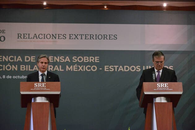 Antony Blinken ˜Bilateral Relationship Mexico-United States™ Press Conference MEXICO CITY, MEXICO - OCTOBER 8, 2021: Secretary of State of the United States Antony Blinken and Mexico™s Foreign Affairs Marcelo Ebrard speak during the press conference of the ˜Bilateral relationship Mexico-United States™ as part of Antony Blinken working visit to Mexico at Foreign Affairs Secretariat of Mexico. On October 8, 2021 in Mexico City, Mexico (Photo by Carlos Tischler Eyepix Group) Copyright: xCarlosxTischlerx xEyepixxGroupx EYEPIXGROUP_CT_08102021_16776