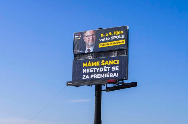 Billboard of coalition SPOLU (TOGETHER) bearing Petr Fiala and text Vote TOGETHER on the 8th and 9th of October, IT S ALL ABOUT NOW, WE HAVE A CHANCE NOT TO BE ASHAMED OF THE PRIME MINISTER!, D1 motorway, Czech Republic, October 8, 2021. (CTKxPhoto LiborxSojka) CTKPhotoF202110090634001 
