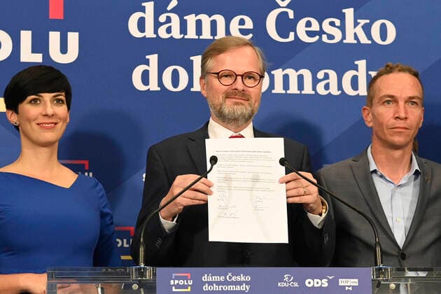 Marketa Pekarova Adamova (from left), Petr Fiala and Ivan Bartos attend a news conference as the coalition Together, comprised of the Civic Democratic Party (ODS), the Christian Democrats (KDU-CSL) and TOP 09, and the alliance of the Pirates with Mayors and Independents (STAN) signed a memorandum on their readiness to create a majority Czech government today, on Saturday, October 9, 2021. They also asked President Milos Zeman to entrust ODS leader Petr Fiala with talks on forming the next government. The coalitions have pledged to only discuss the government together, not entering any negotiations with other parties, Fiala said. The two winning coalitions will have a total of 108 mandates in the 200-member Chamber of Deputies. (CTKxPhoto O 