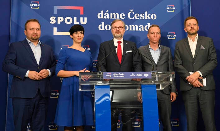 Marian Jurecka (from left), Marketa Pekarova Adamova, Petr Fiala, Ivan Bartos and Vit Rakusan attend a news conference as the coalition Together, comprised of the Civic Democratic Party (ODS), the Christian Democrats (KDU-CSL) and TOP 09, and the alliance of the Pirates with Mayors and Independents (STAN) signed a memorandum on their readiness to create a majority Czech government today, on Saturday, October 9, 2021. They also asked President Milos Zeman to entrust ODS leader Petr Fiala with talks on forming the next government. The coalitions have pledged to only discuss the government together, not entering any negotiations with other parties, Fiala said. The two winning coalitions will have a total of 108 mandates in the 200-member Chamb 