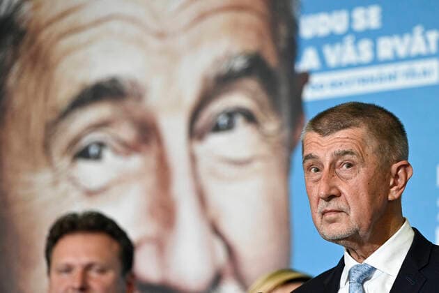 Czech Prime Minister and founding leader of ANO Andrej Babis, right, with his wife and regional leaders (left Radek Vondracek), gives a briefing in election staff of ANO movement during the elections to the Chamber of Deputies of the Parliament of the Czech Republic in Prague, Czech Republic, October 9, 2021. (CTKxPhoto MichalxKamaryt) CTKPhotoP2021101008617 