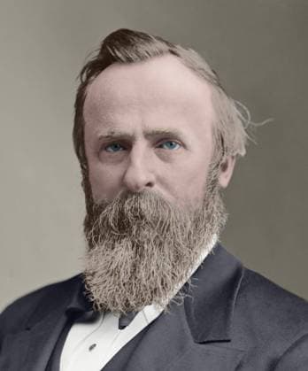 Rutherford Hayes, 19th President of the United States, serving from 1877-1881. Mathew Brady Studio photograph 1877. Digital color by Barbara Cushing Schultz, 2020 (BSIC_2020_10_16) PUBLICATIONXNOTxINxCANxCHNxFRAxITAxJPNxNORxPOLxRUSxESPxUKxUSA