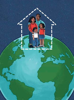 Familie im Umriss eines Hauses auf einer Weltkugel *** Family in outline of a house on a globe  Copyright: xEllyxWaltonx 10890130