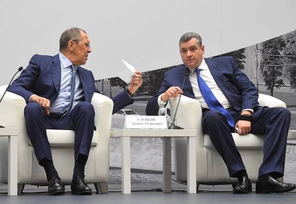 Russia Compatriots Congress 6672962 15.10.2021 Russian Foreign Minister Sergey Lavrov, left, and Russian State Duma member Leonid Slutsky attend the Seventh World Congress of Compatriots Living Abroad, in Moscow, Russia. Ilya Pitalev Sputnik Moscow Russia  Copyright: xIlyaxPitalevx