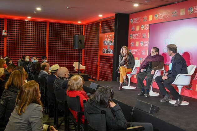 Renzo Rossellini, Luciana Burlin and Roberto Petrocchi during the Press conference for the presentation of Roberto Rossellini International Award at Spazio Roma Lazio Film Commission - Oct 15th 2021