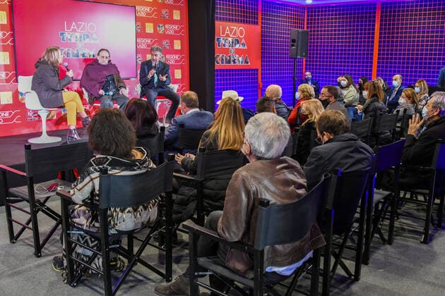 Renzo Rossellini, Luciana Burlin and Roberto Petrocchi during the Press conference for the presentation of Roberto Rossellini International Award at Spazio Roma Lazio Film Commission - Oct 15th 2021