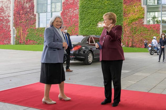 Berlin GER, Berlin, 18.10.21, Mary May Simon bei Bundeskanzlerin Angela Merkel Bildtermin bei der Begruessung der Generalgouverneurin von Kanada - Mary May Simon durch die BKin Dr Angela Merkel, 18.10.2021, Copyright: xEibner-Pressefotox EP_EER