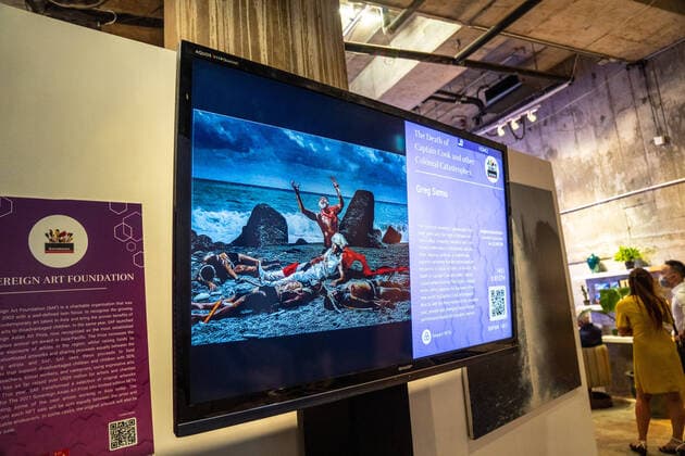 October 19, 2021, Hong Kong, China: The artwork showing The Death of Captain Cook and Other Colonial Catastrophes by Greg Semu on display during the Exhibition..The Impact NFT Exhibition in Hong Kong, featuring NFT artwork created for charity projects revolving around the United Nations™ Sustainable Development Goals. Hong Kong China - ZUMAs197 20211019_zaa_s197_099 Copyright: xKatherinexChengx