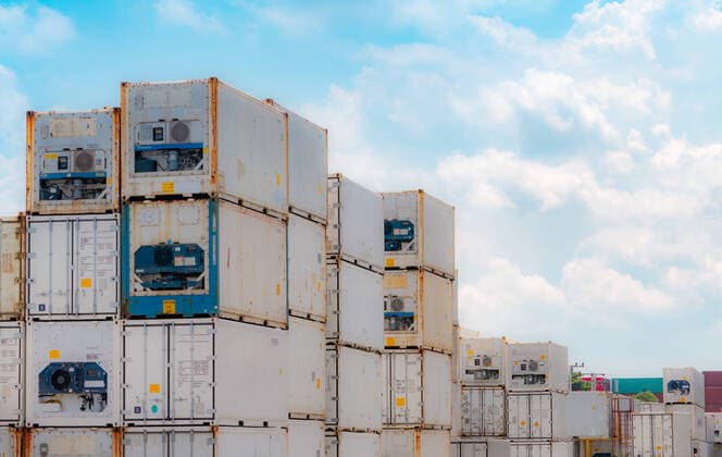 IMAGO Creative: Business, Inflation und Lieferketten Container logistic. Reefer for shipping frozen food. Refrigerated container for export logistics. Freight transport. Logistic industry. Container for truck transport. Container crisis. Refrigerator. Copyright: xx 37503612