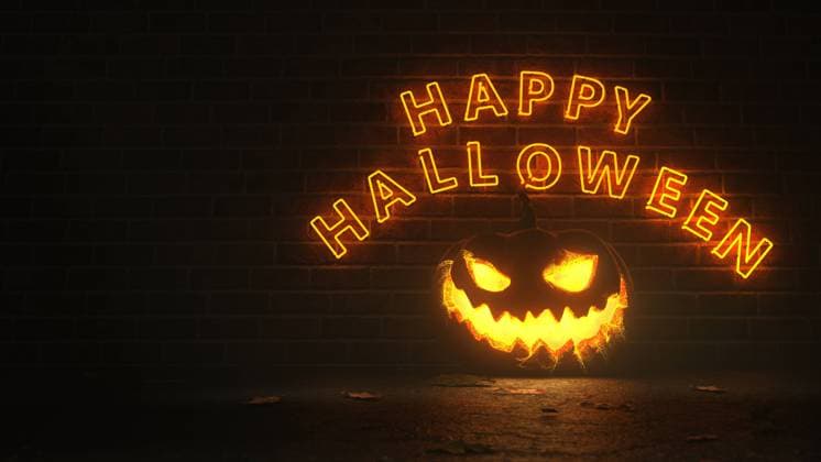 Happy Halloween Pumpkin Halloween pumpkin under the falling autumn leaves. 3d illustration.