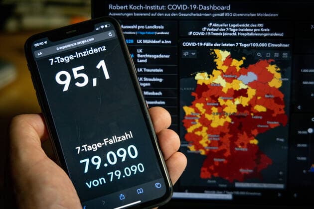 Coronavirus in Deutschland - Covid-19-Dashboard des Robert Koch-Institut 22.10.2021: Robert Koch-Institut: 7-Tage-Inzidenz 95,1. 7-Tage-Fallzahl 79.090. COVID-19-Fälle 4.437.280. Zugang um 19.572 gegenüber dem Vortag. COVID-19-Todesfälle 94.991. Zugang um 116 gegenüber dem Vortag.